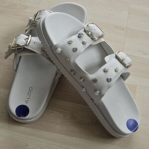 Aldo White Sandals with Gold Buckles